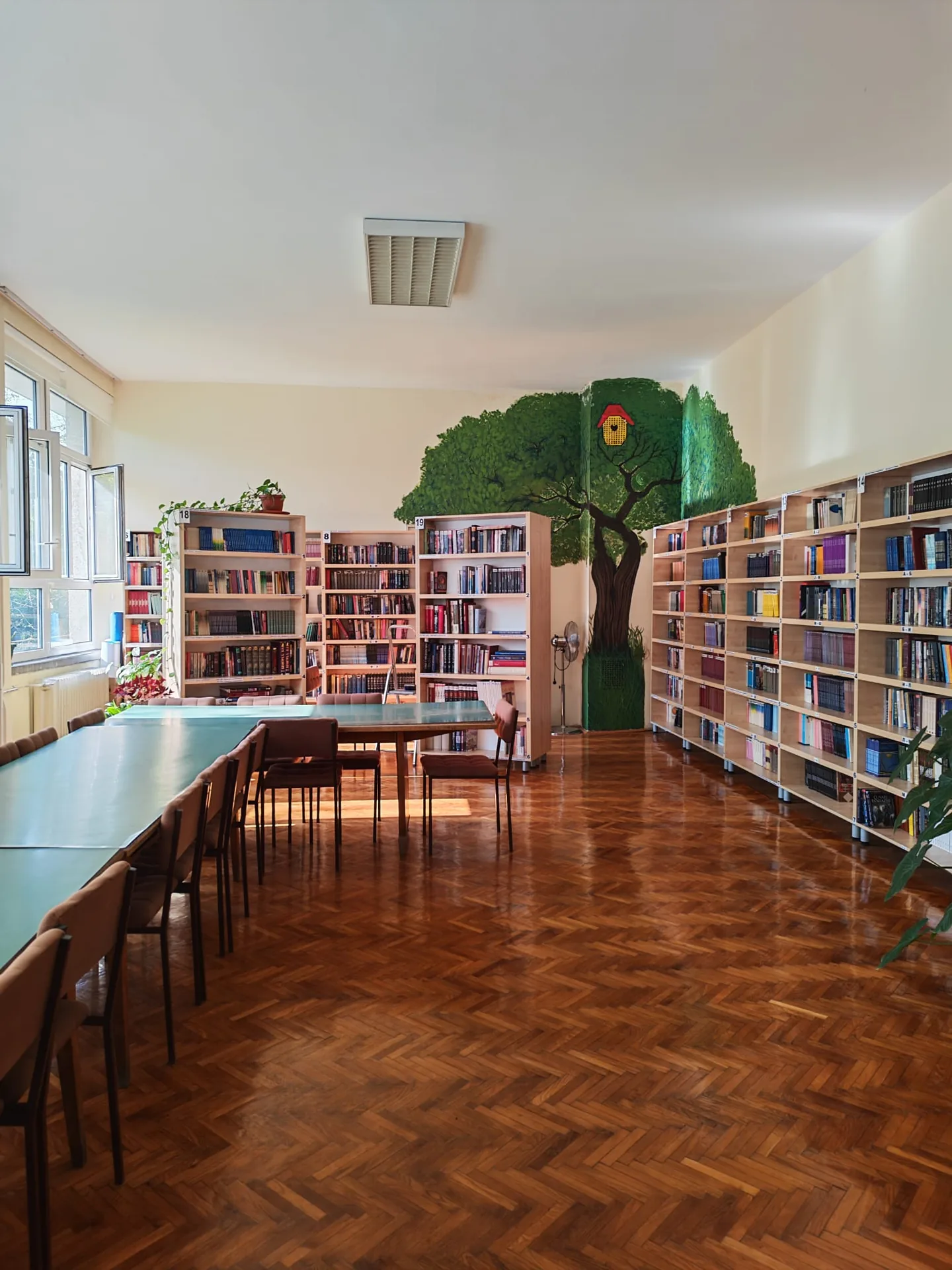 Школска библиотека са осликаним зеленим дрветом и редовима полица