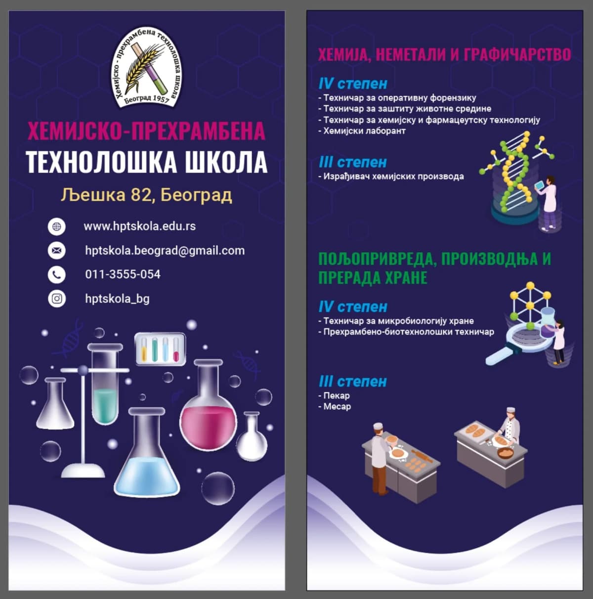 Промотивни банер Хемијско-прехрамбене технолошке школе са прегледом образовних профила