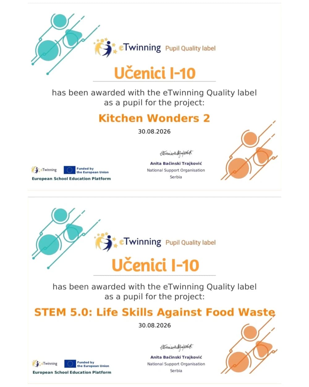 Ученичке еTwinning ознаке квалитета за одељење I-10, за пројекте Kitchen Wonders 2 и STEM 5.0