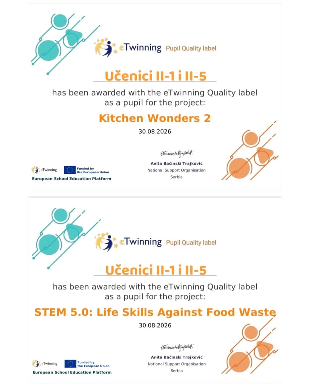 Ученичке еTwinning ознаке квалитета за одељења II-1 и II-5, за пројекте Kitchen Wonders 2 и STEM 5.0